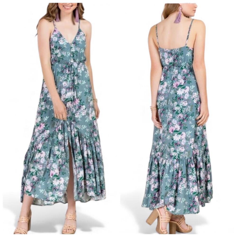 Mi Ami Sage Green Floral Ruffle Maxi Dress Strappy Wedding Guest - Small